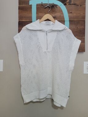 Scotch & Soda White Open-Knit 1/4 Zip Oversized Collar Short Sleeve Sweater XL